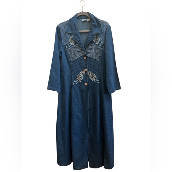 Vintage Styleworks Denim Maxi Duster Coat Embroidered Boho Western Size 10 - Picture 2 of 7